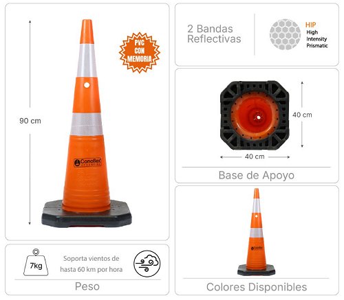 Conos viales 1200 PVC Flexible Conoflex 90 cm 7 kg detalle