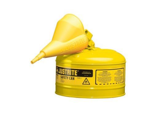 Bidones para inflamables Justrite 7125210 metálicos Tipo I - Con embudo - Cap. 9,5 lts - Color amarillo para Gas oil