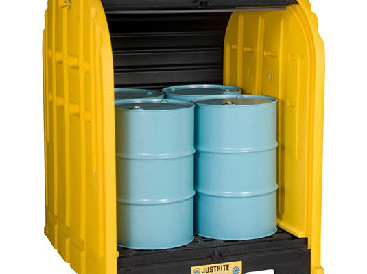 Cobertizos antiderrames para almacenar 4 tambores Justrite 28676 EcoPolyBlend™ DrumSheds™