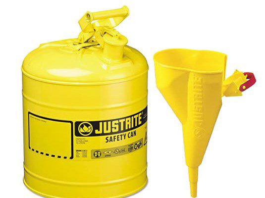 Bidones para inflamables Justrite metálicos Tipo I - Con embudo - Color amarillo para Gas oil
