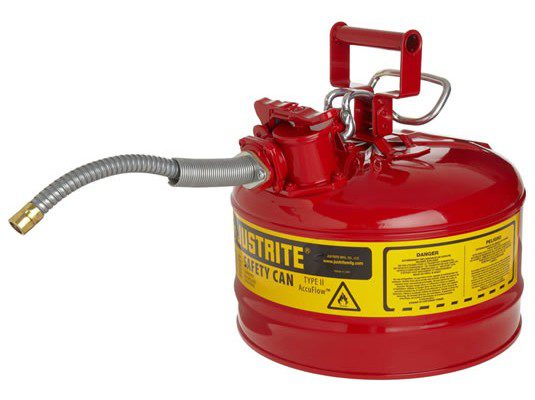 Bidones para inflamables Justrite 7225120 (ex 10728) metálicos de dos bocas y manguera 16mm Tipo II AccuFlow™ - 9,5 litros - Color rojo