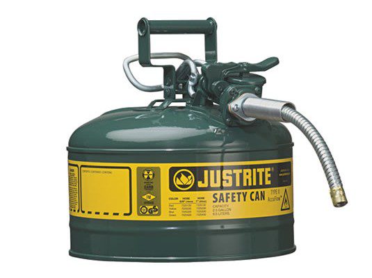 Bidones para inflamables Justrite 7225420 (Ex 10668E/10768E/10728E) metálicos de dos bocas y manguera 16mm Tipo II AccuFlow™ - 9,5 litros - Color verde para Aceite