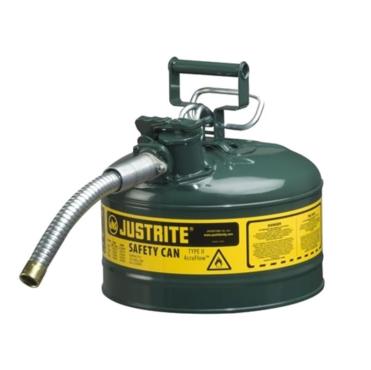 Bidón 7225430 9,5 lt Tipo II para inflamables Justrite (Ex 10667E/10767E/10726) metálicos de dos bocas y manguera 25mm AccuFlow™ - 9,5 litros - Color verde para Aceite