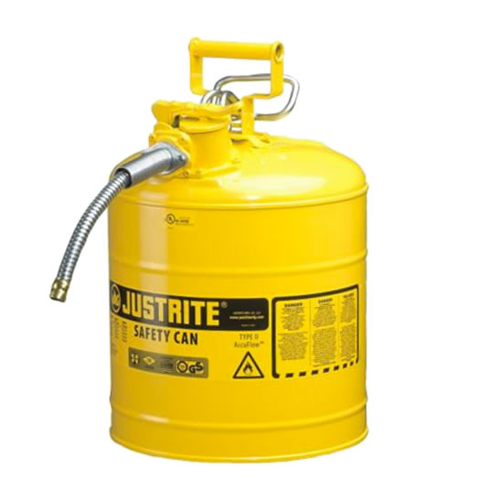 Bidón 7250220 19 lt Tipo II para inflamables Justrite (Ex 10868Y/10829) de dos bocas y manguera AccuFlow™ - 19 lts - Color amarillo para Gas Oil
