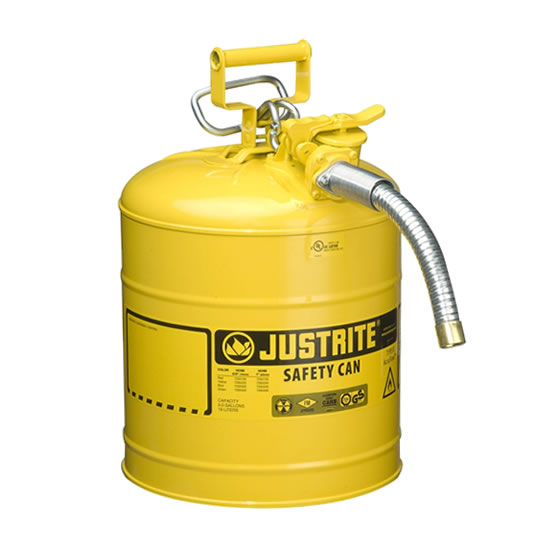 Bidón 7250230 19 lt Tipo II para inflamables Justrite (Ex 10867Y/10832) de dos bocas y manguera AccuFlow™ - 19 lts - Color amarillo para Gas Oil