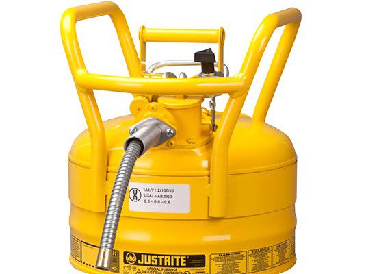 Bidones para inflamables Justrite 7325220 D.O.T. Tipo II con manguera - 9 litros - Color amarillo
