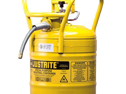 Bidones para inflamables Justrite 7350210 D.O.T. Tipo II con manguera - 19 litros - Color amarillo