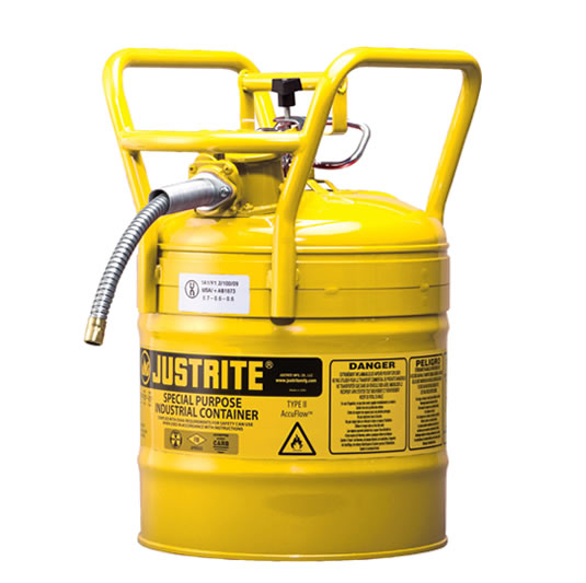 Bidón 735021019 lt Tipo II DOT para inflamables Justrite - con manguera - 19 litros - Color amarillo