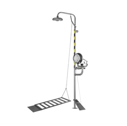 Ducha de emergencia con lavaojos 6013 de acero inoxidable – Accionamiento plataforma